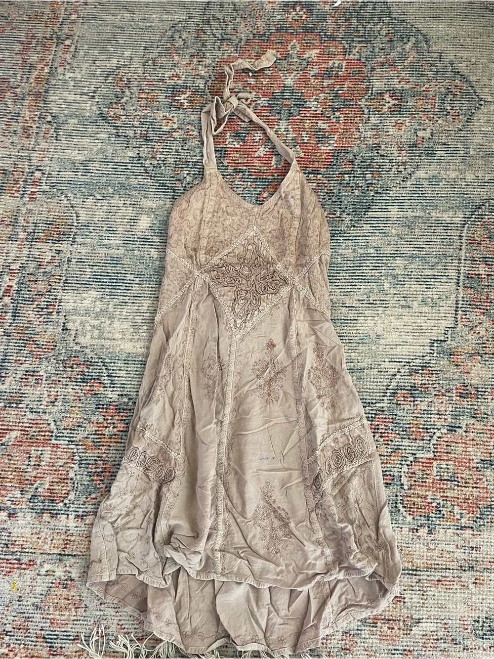 Embroidered Halter dress in Dusty Taupe